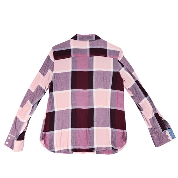 Tommy Hilfiger Button Up Shirt sz M Women Buffalo Plaid Red Purple Pink Roll Tab - Picture 2 of 12